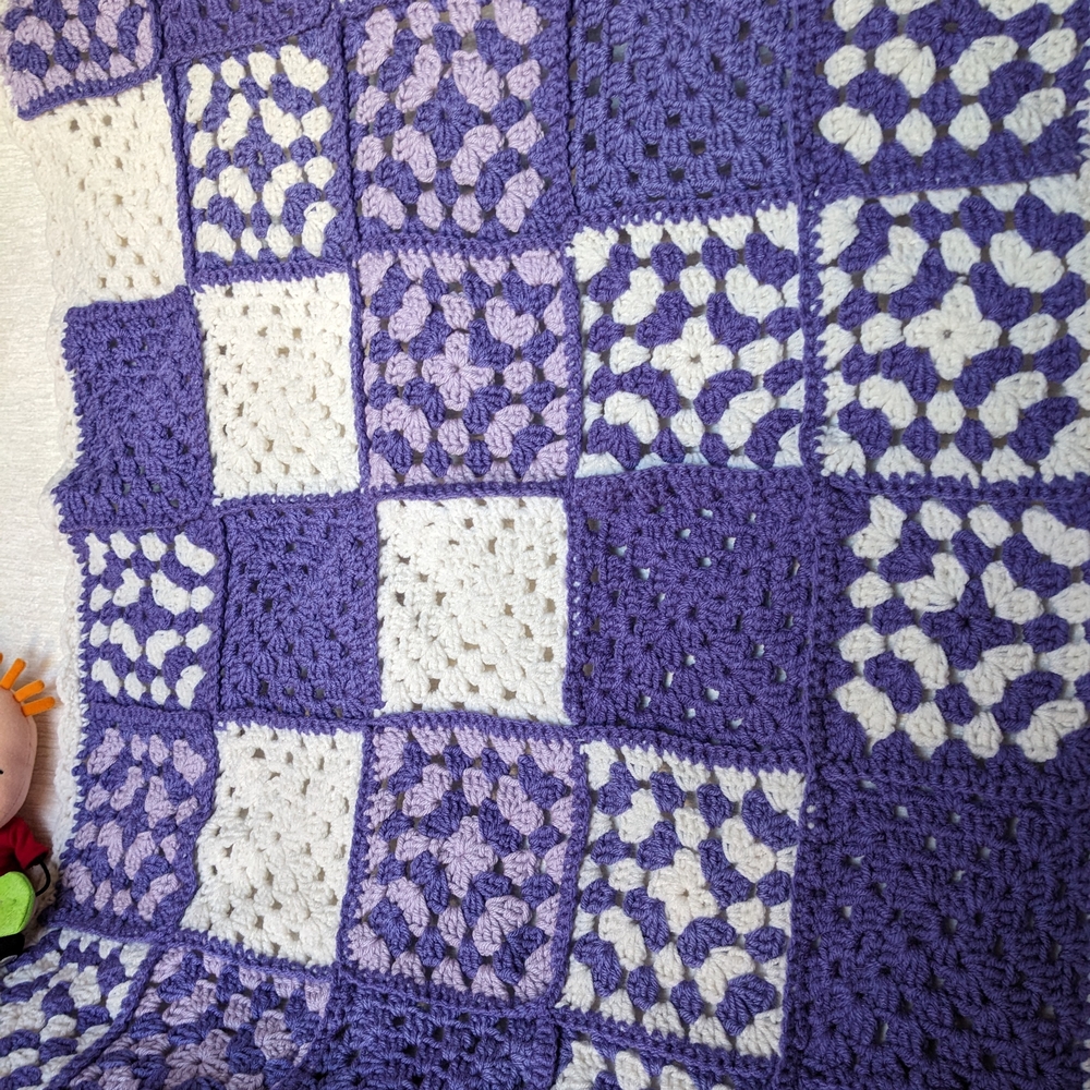 Lap Size Granny Square Purple and White Crochet  Lap Blanket 29" X 36" Handmade - Picture 3 of 6